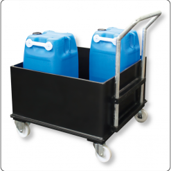 Mobile Auffangwanne aus robustem PE-HD Kunststoff – fahrbar auf Rollen für sichere Lagerung und innerbetrieblichen Transport von Gefahrstoffen gemäß WHG-Richtlinien.