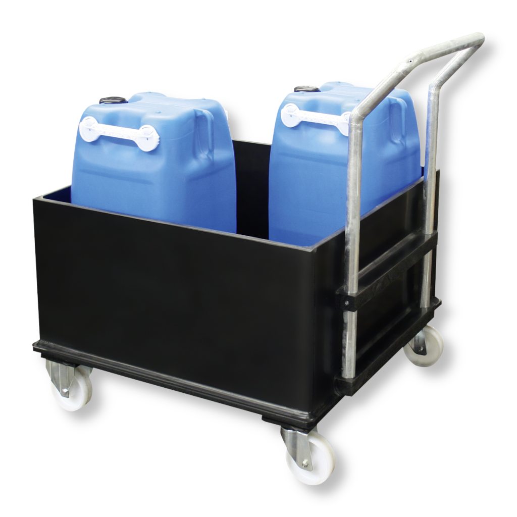 Mobile Auffangwanne aus robustem PE-HD Kunststoff – fahrbar auf Rollen für sichere Lagerung und innerbetrieblichen Transport von Gefahrstoffen gemäß WHG-Richtlinien.
