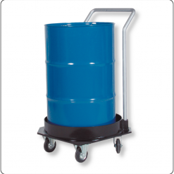 Mobiler Fasswagen aus PE-HD für den sicheren innerbetrieblichen Transport von 200-Liter-Fässern – ergonomische Transporthilfe für Industrie, Werkstatt und Logistik.