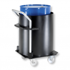 Mobiles Fassdepot aus PE-HD Kunststoff für 200-Liter-Fässer – fahrbare Auffangwanne mit Rollen für sichere Gefahrstofflagerung, Leckageschutz und WHG-konforme Aufbewahrung.