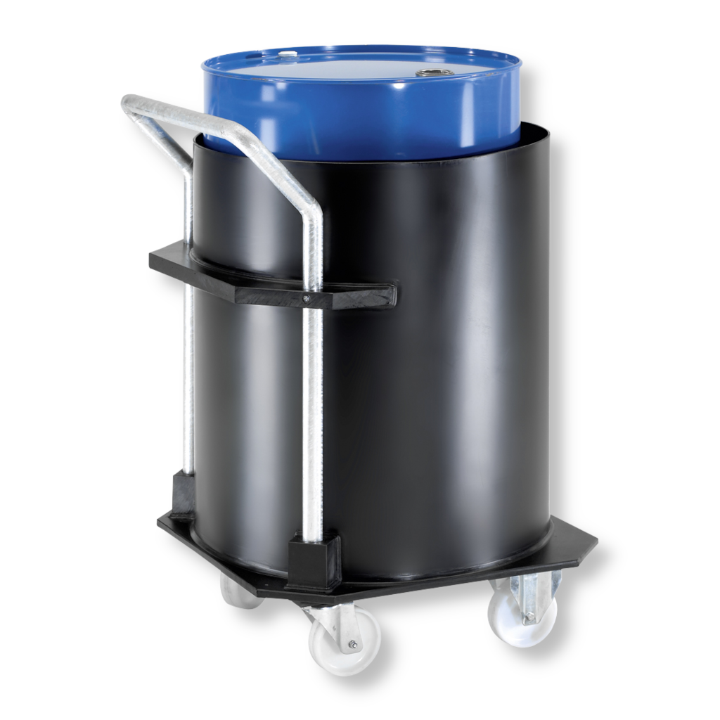Mobiles Fassdepot aus PE-HD Kunststoff für 200-Liter-Fässer – fahrbare Auffangwanne mit Rollen für sichere Gefahrstofflagerung, Leckageschutz und WHG-konforme Aufbewahrung.