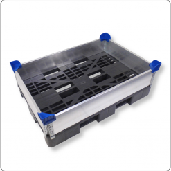 Kunststoff-Stapelecken blau für Palettenrahmen – sichere Verbindung und Stapelhilfe für Aufsatzrahmen in Lager und Transport.