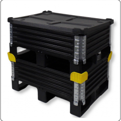 Kunststoff-Stapelecken gelb für Palettenrahmen – sichere Verbindung und Stapelhilfe für Aufsatzrahmen in Lager und Transport.