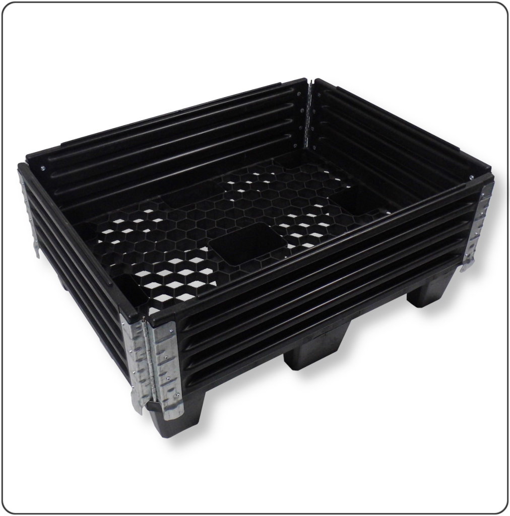 Halbpaletten-Aufsatzrahmen aus robustem Kunststoff mit 4 Scharnieren – klappbarer Palettenrahmen für Lagerung, Transport und sichere Mehrwegverpackung.