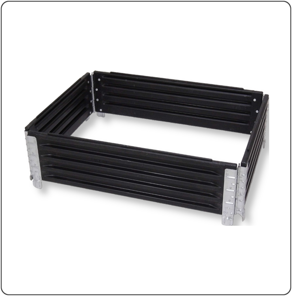 Halbpaletten-Aufsatzrahmen aus robustem Kunststoff mit 4 Scharnieren – klappbarer Palettenrahmen für Lagerung, Transport und sichere Mehrwegverpackung.