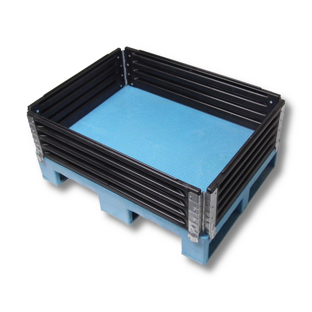 Halbpaletten-Aufsatzrahmen aus robustem Kunststoff mit 4 Scharnieren – klappbarer Palettenrahmen für Lagerung, Transport und sichere Mehrwegverpackung.