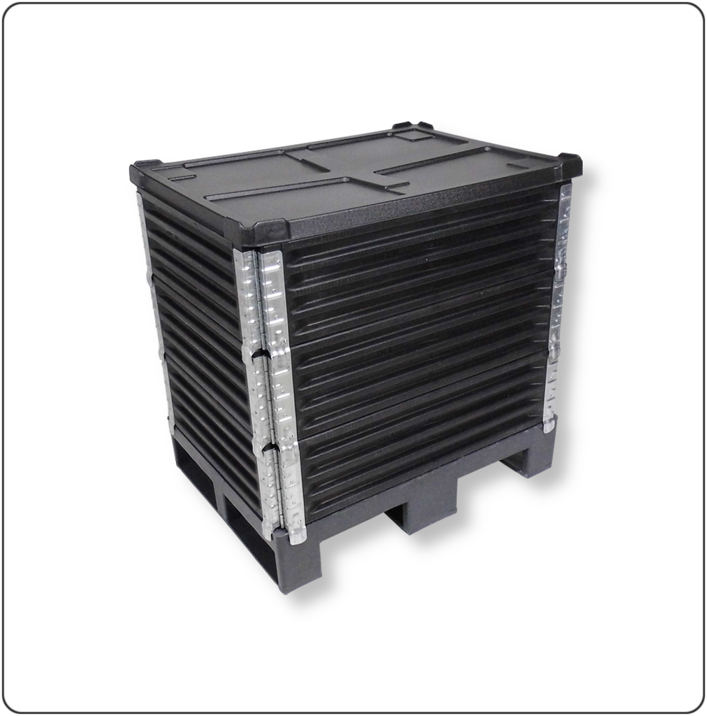 Halbpaletten-Aufsatzrahmen aus robustem Kunststoff mit 4 Scharnieren – klappbarer Palettenrahmen für Lagerung, Transport und sichere Mehrwegverpackung.