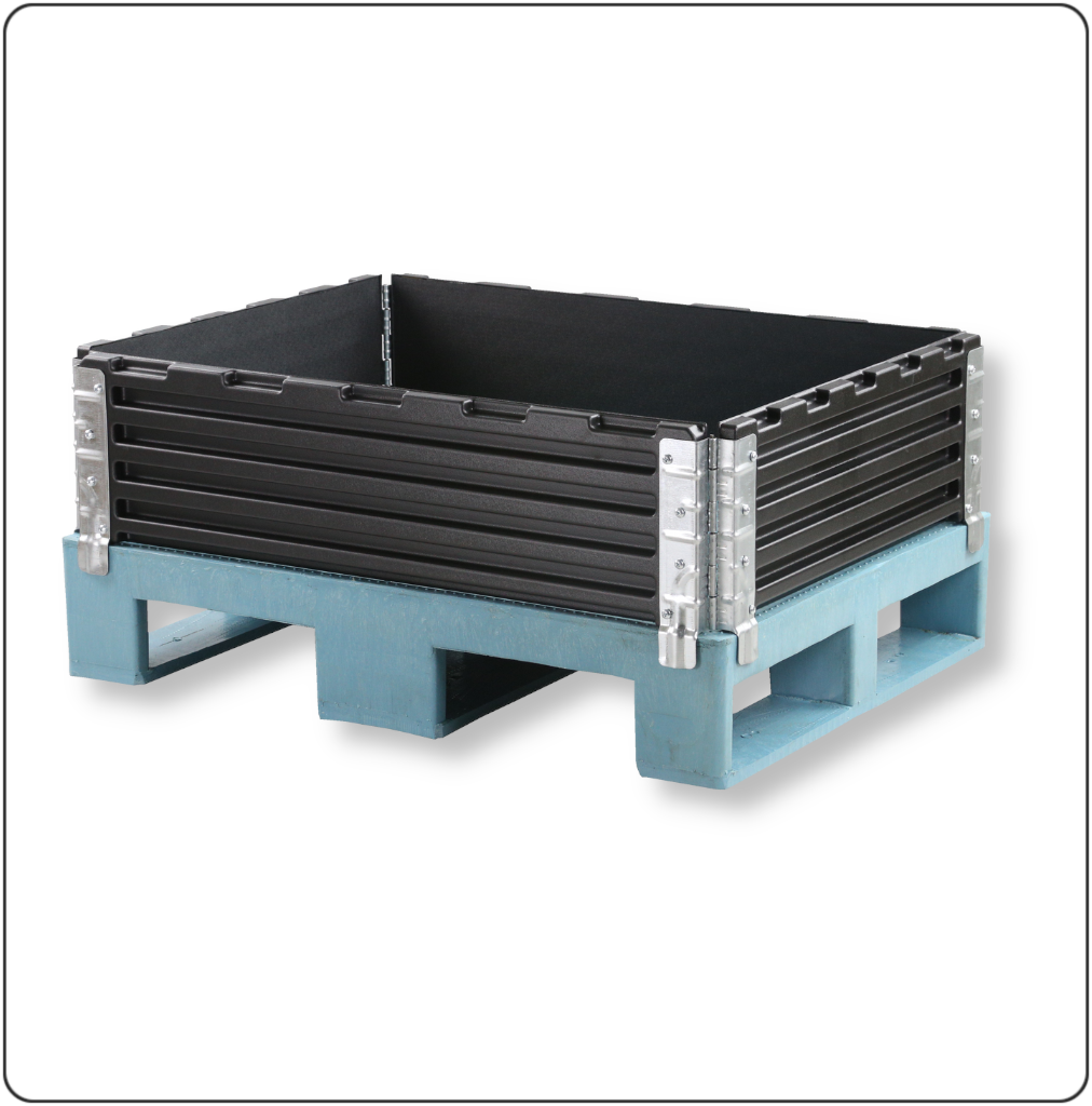 Halbpaletten-Aufsatzrahmen aus robustem Kunststoff mit 4 Scharnieren – klappbarer Palettenrahmen für Lagerung, Transport und sichere Mehrwegverpackung.
