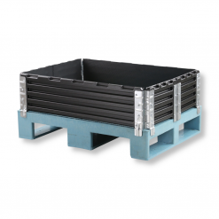 Halbpaletten-Aufsatzrahmen aus robustem Kunststoff mit 4 Scharnieren – klappbarer Palettenrahmen für Lagerung, Transport und sichere Mehrwegverpackung.