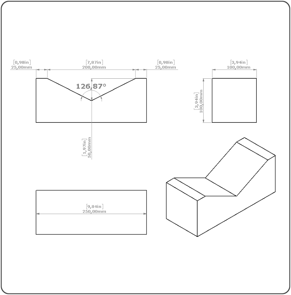 Kunststoff-Lagerprisma 250x100x100 mm - für Rohre, Wellen & Rundstäbe - LP250V1-50006 3 Kunststoff-Lagerprisma Zeichnung 250x100x100 mm aus massivem PE/PP-RE Recycling-Vollmaterial. Die CNC-gefräste Prismenauflage mit V-Ausschnitt dient zur sicheren Lagerung, Positionierung und Transportsicherung von Rohren, Wellen, Rundstäben, Rollen, Coils und zylindrischem Rundmaterial in Lager, Produktion, Versand und innerbetrieblicher Logistik.