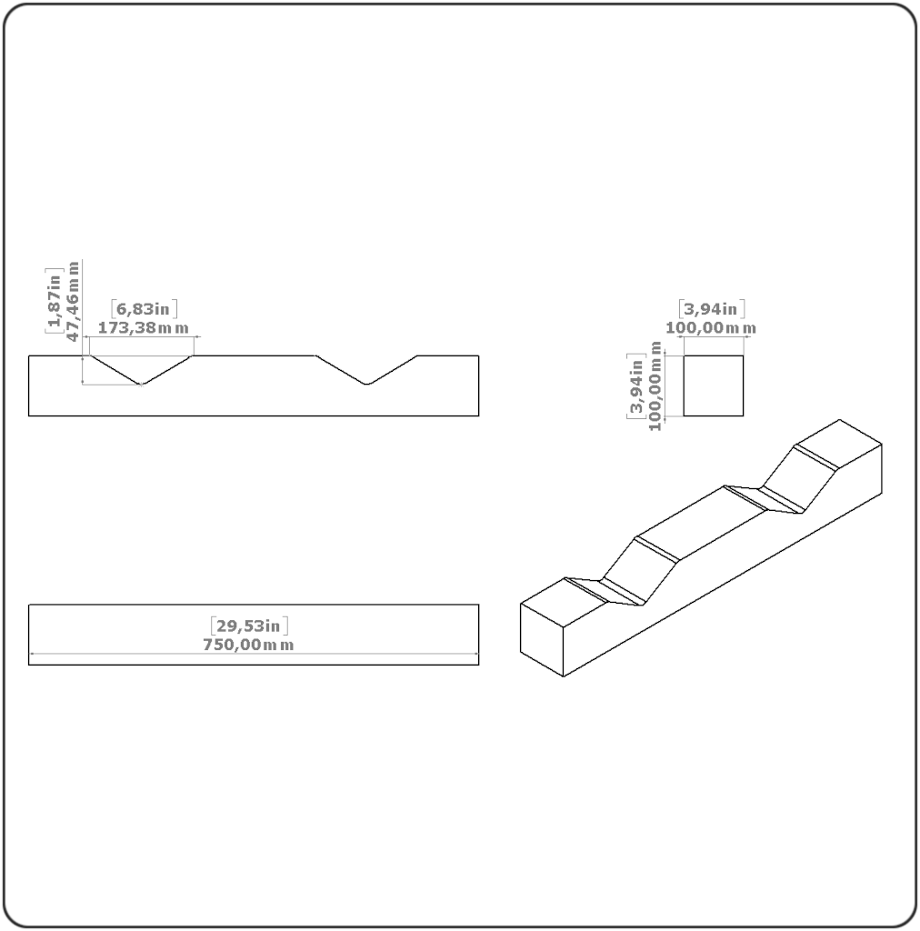 Plastic V-Block 750x100x100 mm for Pipes, Shafts & Round Bars – LP750V2-50008 3 Kunststoff-Lagerprisma 750x100x100 mm - Technische Zeichnung des Kunststoff-Lagerprismas 750x100x100 mm mit zwei V-Ausschnitten für Rohre, Wellen und Rundstäbe
